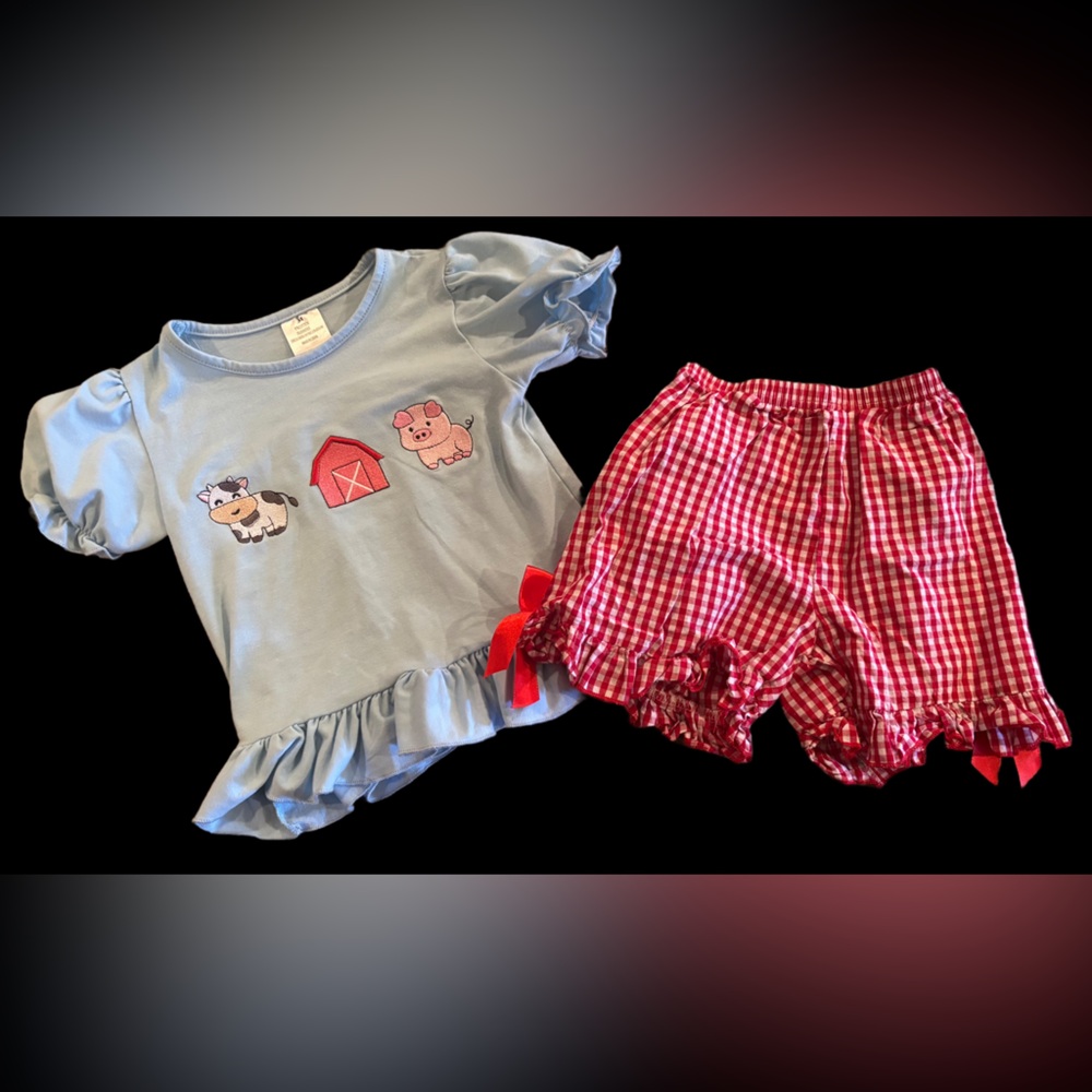 Adorable Farm Friends Short Set - Light Blue and Red